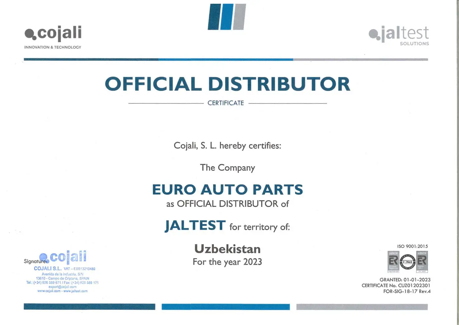 Cojali distributor certificate